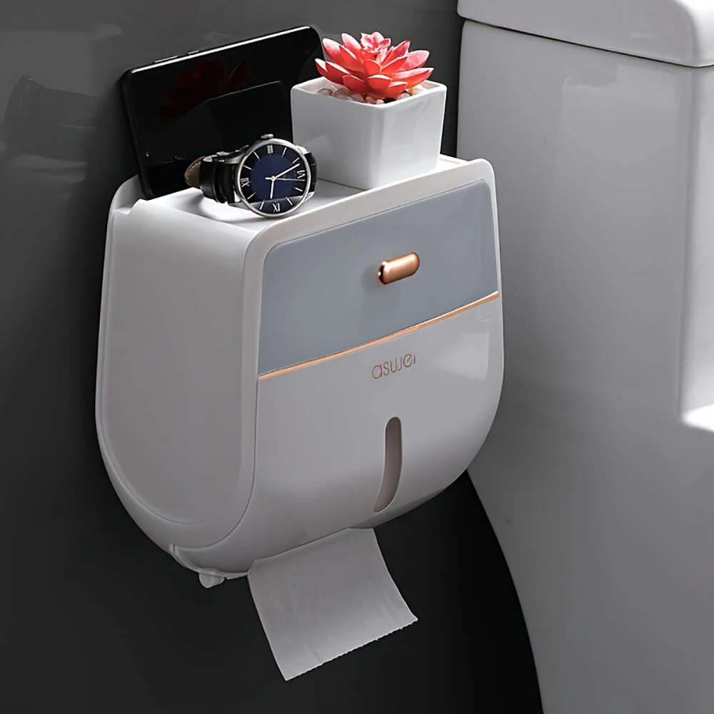Bathroom Organizer Shelf Wall Mount Toilet Paper Holder Large Capacity Wall-mounted Double-layer Toilet Paper Holder No Drilling Installation Waterproof Paper Towel Storage Box Suitable for Bathroom Organization — view 5