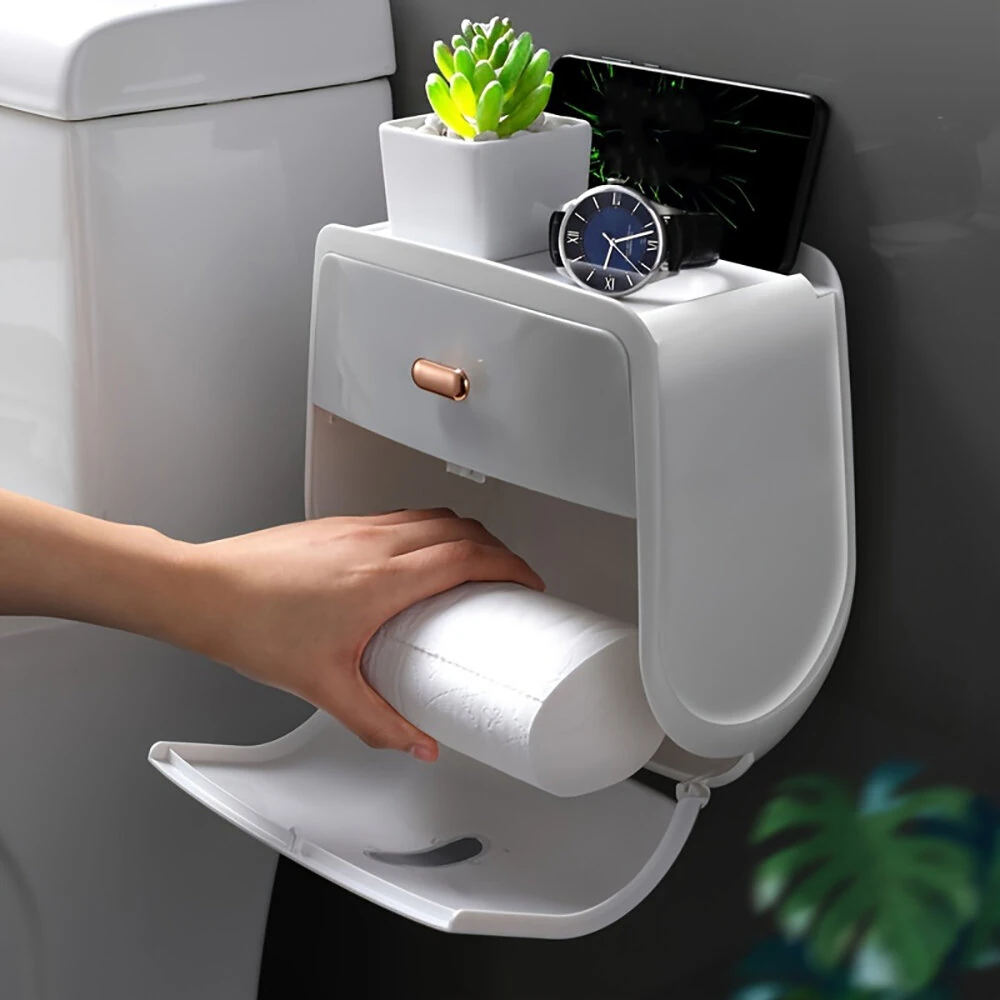 Bathroom Organizer Shelf Wall Mount Toilet Paper Holder Large Capacity Wall-mounted Double-layer Toilet Paper Holder No Drilling Installation Waterproof Paper Towel Storage Box Suitable for Bathroom Organization — view 8