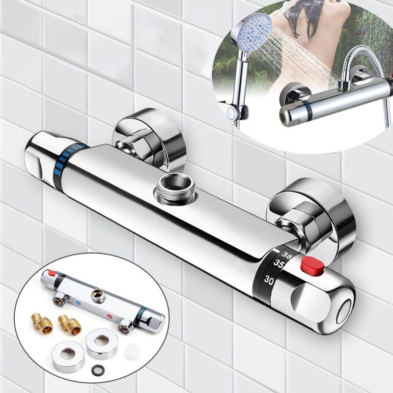 Bathroom Wall-mount Brass Thermostatic Shower Valve Bath Mixer Shower Control Valve Bottom Faucet 3/4" Thread Connector — Bathroom