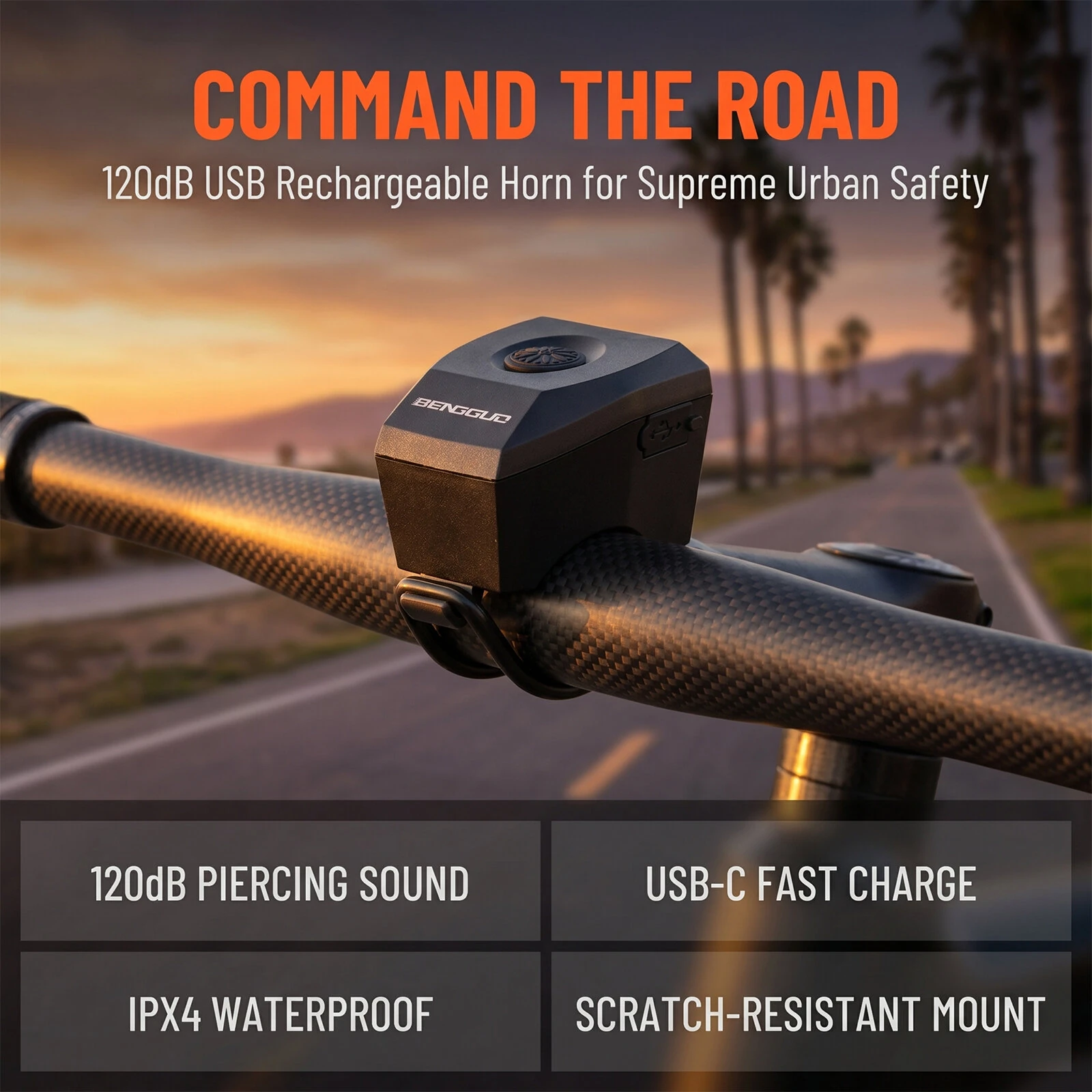BENGGUO 120dB MTB Electric Bells with Strap Mountain Bike Loud Bell Type‑C Charging Electronic Super Loud Bell E-bike Scooter — view 2