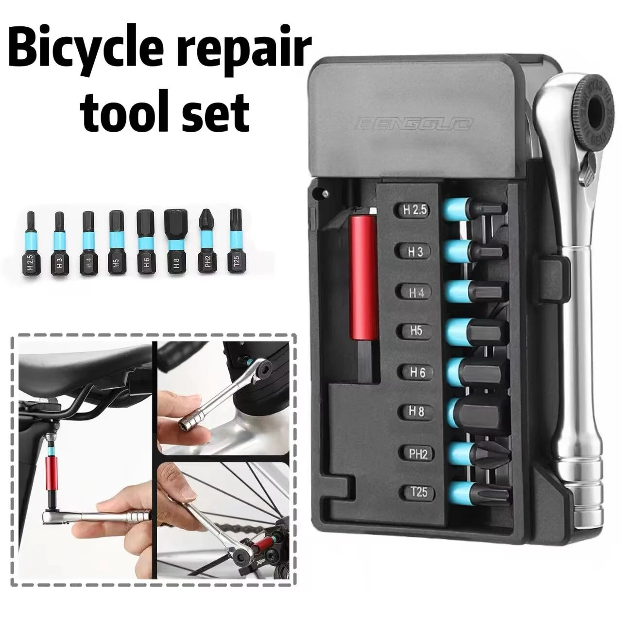BENGGUO BG-9870 Flip-Top Bike Ratchet Tool Set Portable Multi-functional Bicycle Repair Tool Kit Hexagonal Wrench for MTB Road Bike — view 2