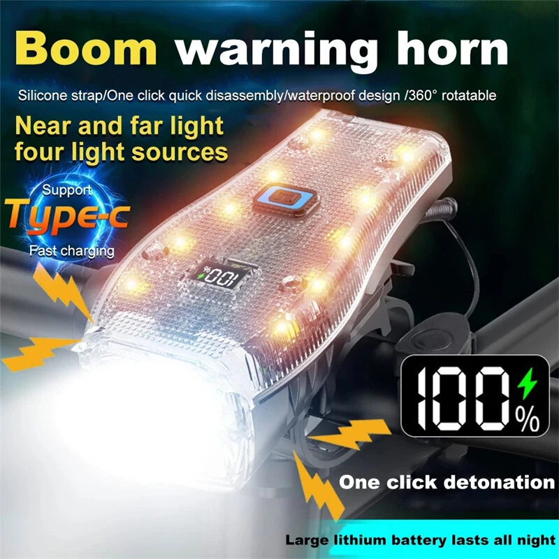 BIKIGHT Bike Headlight 4 LED Large Beads 2000mAh Battery Dual Distance Beam Design Waterproof 4 Light Modes Type-C Fast Charge Power Display Flashlight with 120dB Horn — view 3