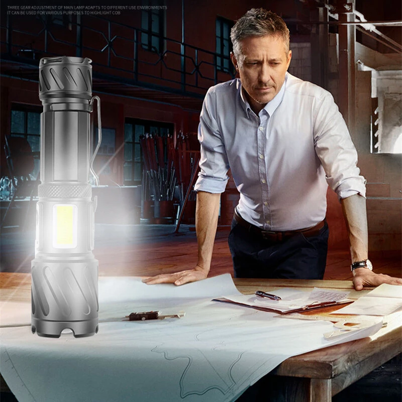 Bikight  Powerful Zoomable Flashlight with COB Sidelight with 18650 Battery Magnet Tail, High Power Tactical Torch USB Rechargeable LED Lantern — view 5