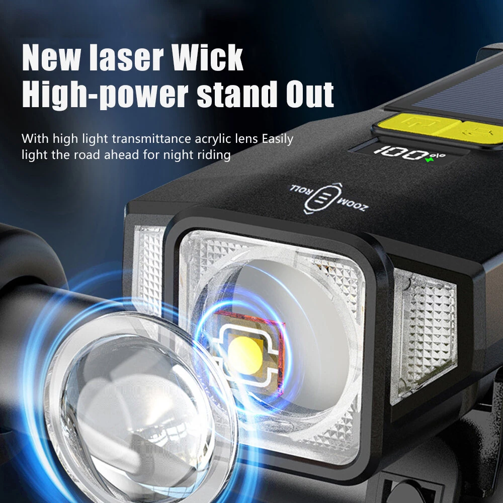 BIKIGHT Solar Rechargeable Zoomable Bicycle Headlight 1600mAH Anti-glare Red Warning Lamp Type-C Charging Bike Front Light for Night Riding Safety — view 5
