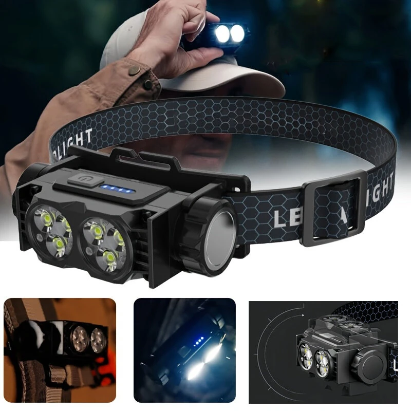 BIKIGHT TD-0193 USB Rechargeable Headlamp with Magnetic Handsfree Headlight 6-LED Bright Torch 1200mAh Battery Display & Adjustable Gooseneck for Camping Running Emergency USB Head Mounted Flashlight