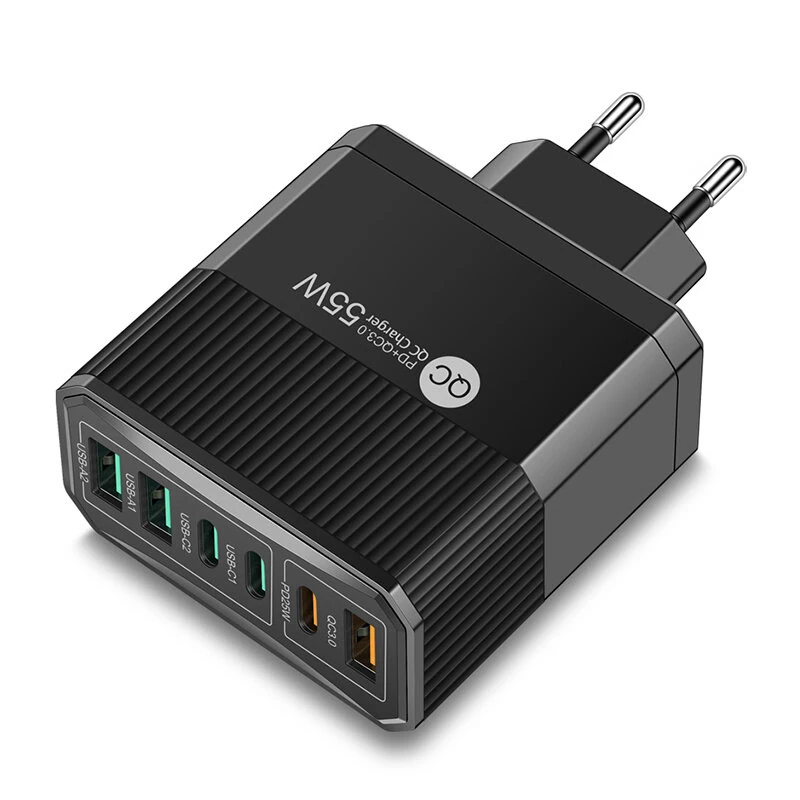 BK304 PD55W 6-Port USB PD Charger 3USB-A+3USB-C PD QC3.0 Fast Charging Wall Charger Adapter EU Plug US Plug for iPhone 16 16 Pro for Samsung Galaxy Z Flip6 for Xiaomi 15pro for Huawei Mate XT — BK304