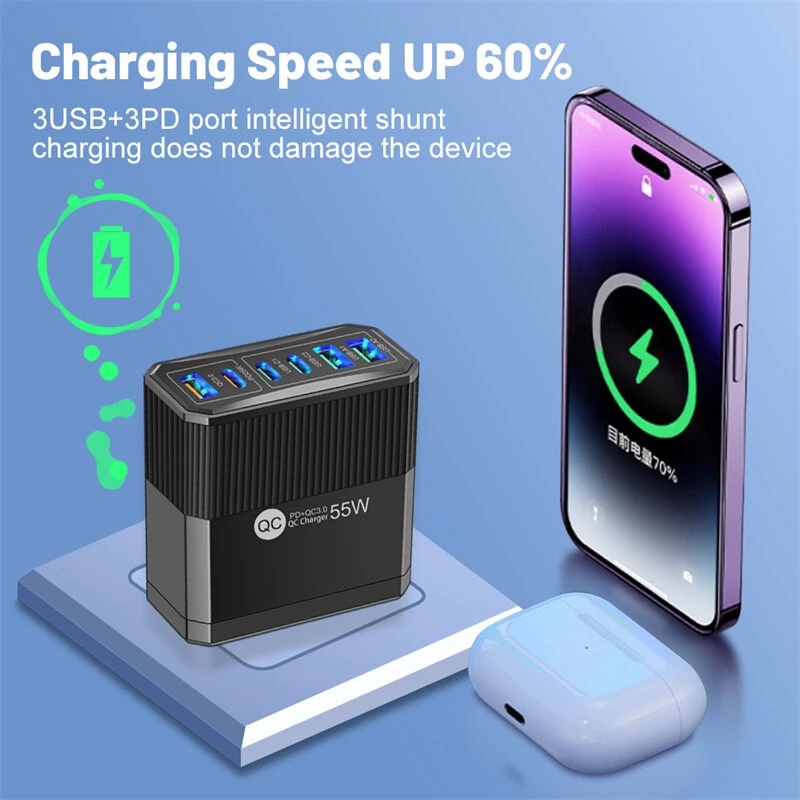 BK304 PD55W 6-Port USB PD Charger 3USB-A+3USB-C PD QC3.0 Fast Charging Wall Charger Adapter EU Plug US Plug for iPhone 16 16 Pro for Samsung Galaxy Z Flip6 for Xiaomi 15pro for Huawei Mate XT — view 4