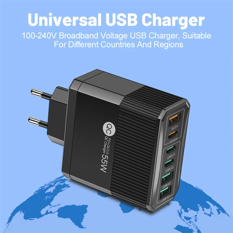 BK304 PD55W 6-Port USB PD Charger 3USB-A+3USB-C PD QC3.0 Fast Charging Wall Charger Adapter EU Plug US Plug for iPhone 16 16 Pro for Samsung Galaxy Z Flip6 for Xiaomi 15pro for Huawei Mate XT — view 5