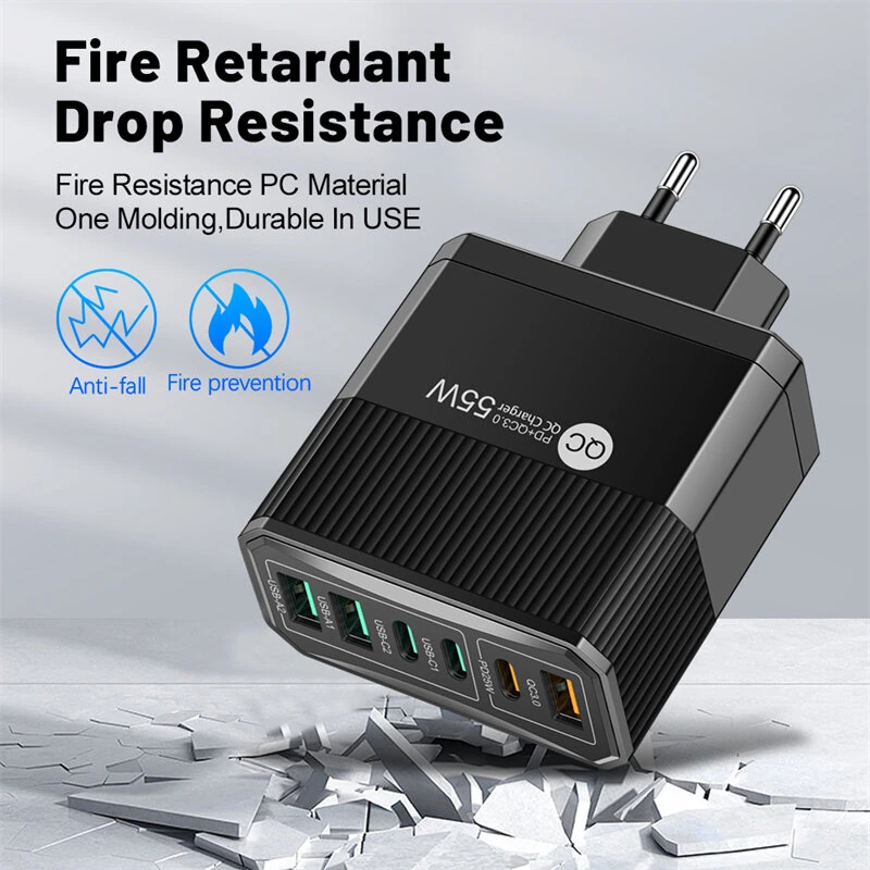 BK304 PD55W 6-Port USB PD Charger 3USB-A+3USB-C PD QC3.0 Fast Charging Wall Charger Adapter EU Plug US Plug for iPhone 16 16 Pro for Samsung Galaxy Z Flip6 for Xiaomi 15pro for Huawei Mate XT — view 6