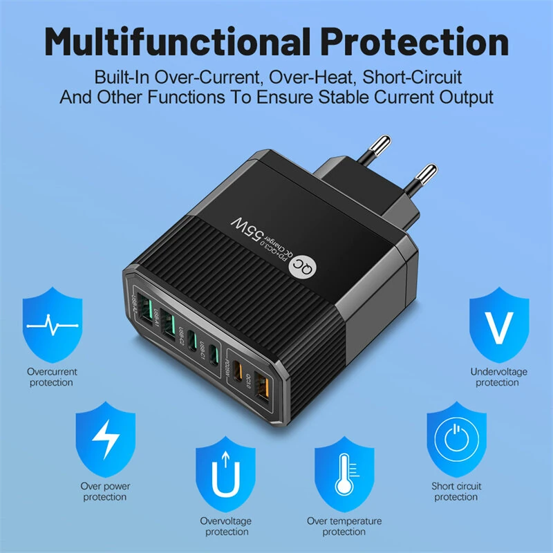 BK304 PD55W 6-Port USB PD Charger 3USB-A+3USB-C PD QC3.0 Fast Charging Wall Charger Adapter EU Plug US Plug for iPhone 16 16 Pro for Samsung Galaxy Z Flip6 for Xiaomi 15pro for Huawei Mate XT — view 7