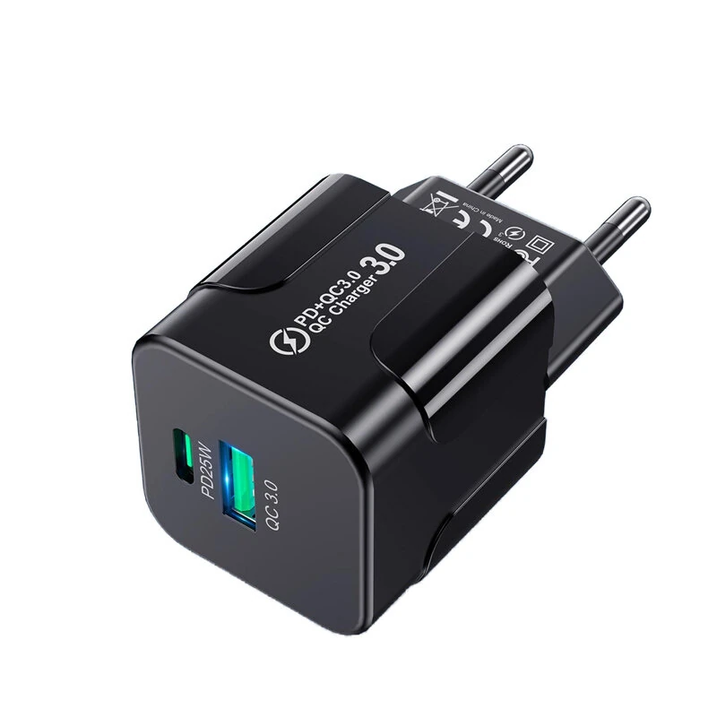 BK317 PD25W 2-Port USB PD Charger USB-A+USB-C PD QC3.0 Fast Charging Wall Charger Adapter EU Plug for iPhone 15 14 13 Pro for Samsung Galaxy Z Flip6 for Huawei Nova Flip for Honor Magic V3 — BK317