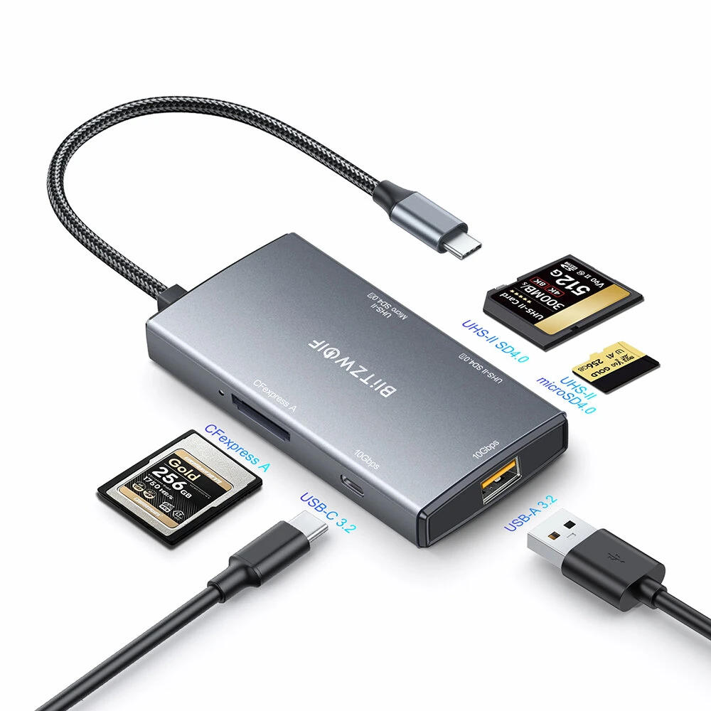 BlitzWolf BW-CR2 5-in-1 Card Reader USB-C Docking Station with CFexpress TypeA USB-A 3.2 USB-C 3.2 UHS-II SD4.0 UHS-II TF4.0 10Gbps Card Reader — BlitzWolf