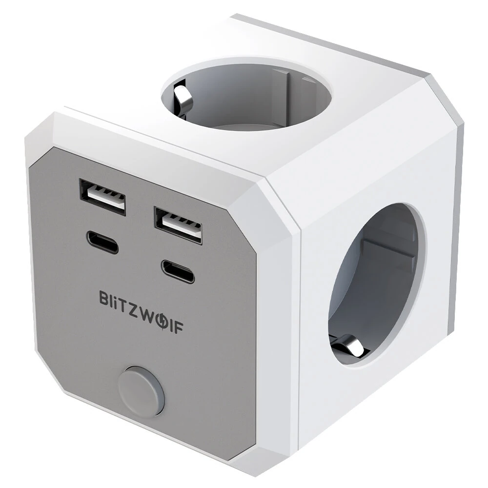 BlitzWolf BW-EC2 8-in-1 Wall Cube Socket EU Plug Power Outlet Extender 4000W with Switch 4 AC Outlets / 2 USB-A / 2 USB-C for Home Bedroom Travel — BlitzWolf