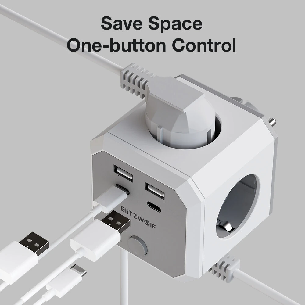BlitzWolf BW-EC2 8-in-1 Wall Cube Socket EU Plug Power Outlet Extender 4000W with Switch 4 AC Outlets / 2 USB-A / 2 USB-C for Home Bedroom Travel — view 4