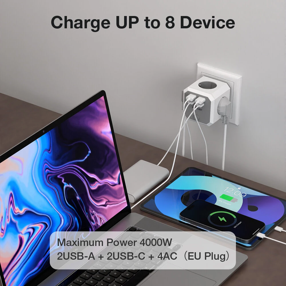 BlitzWolf BW-EC2 8-in-1 Wall Cube Socket EU Plug Power Outlet Extender 4000W with Switch 4 AC Outlets / 2 USB-A / 2 USB-C for Home Bedroom Travel — view 5