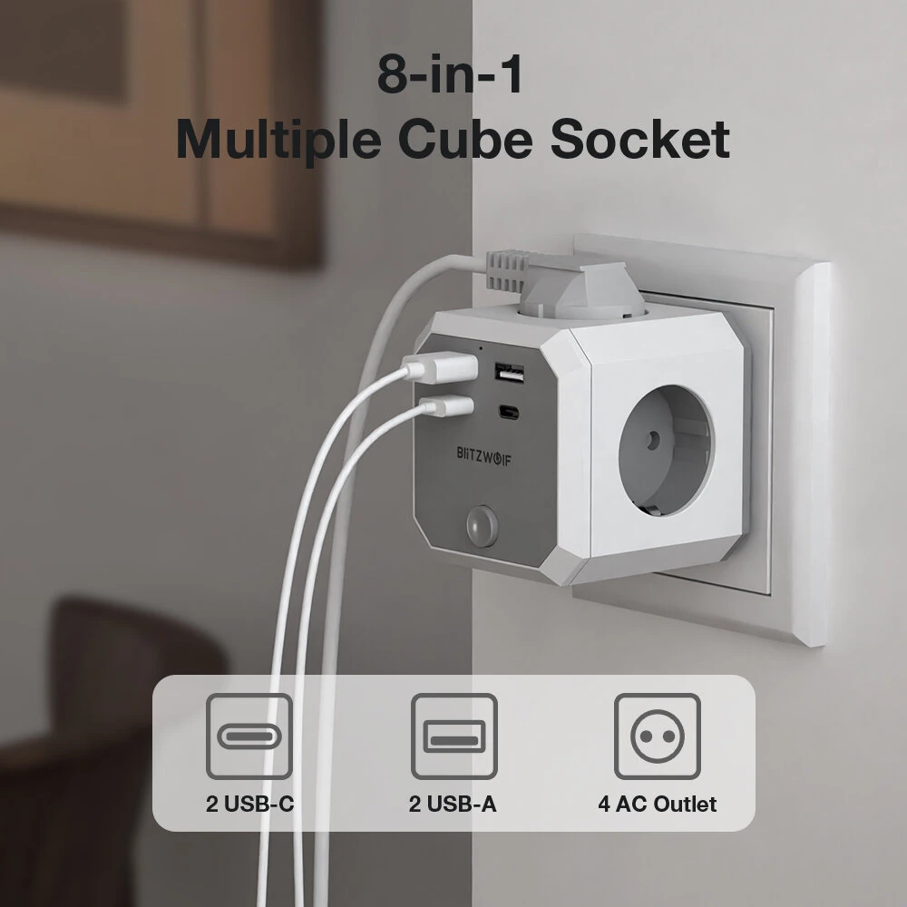 BlitzWolf BW-EC2 8-in-1 Wall Cube Socket EU Plug Power Outlet Extender 4000W with Switch 4 AC Outlets / 2 USB-A / 2 USB-C for Home Bedroom Travel — view 6