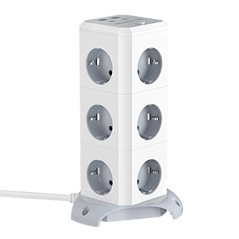 BlitzWolf BW-EC3 3-Layer Vertical Cube EU Socket Plug Power Outlet Extender with 12 AC Outlets / 2 USB-A / 2 USB-C for MacBook iPad Game Office Home — BlitzWolf