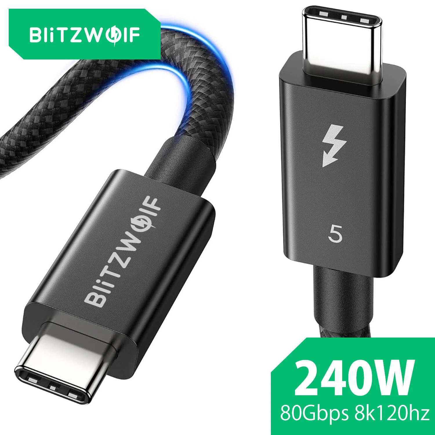 BlitzWolf® BW-HDC8 Thunderbolt5 Cable 240W Fast Charging up to 120Gbps Bandwidth for 16K Dual 8K/6K Compatible for Thunderbolt 5/4/3, USB4, NVME SSD, MacBook M4 Pro, Dock, eGPU — view 2