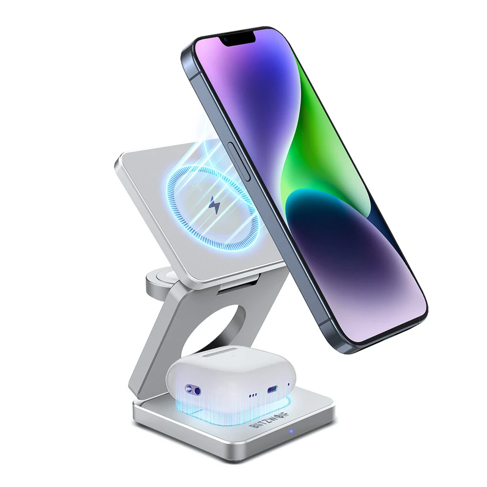 BlitzWolf BW-iw30 3-in-1 Foldable Magnetic 15W Wireless Charger Fast Charging Station for iPhone 15 14 13 12 Pro/Max/Plus for Apple Watch 9/8/7/6/5/4/3/2/SE/Ultra 2 for AirPods 3/2/Pro — view 2