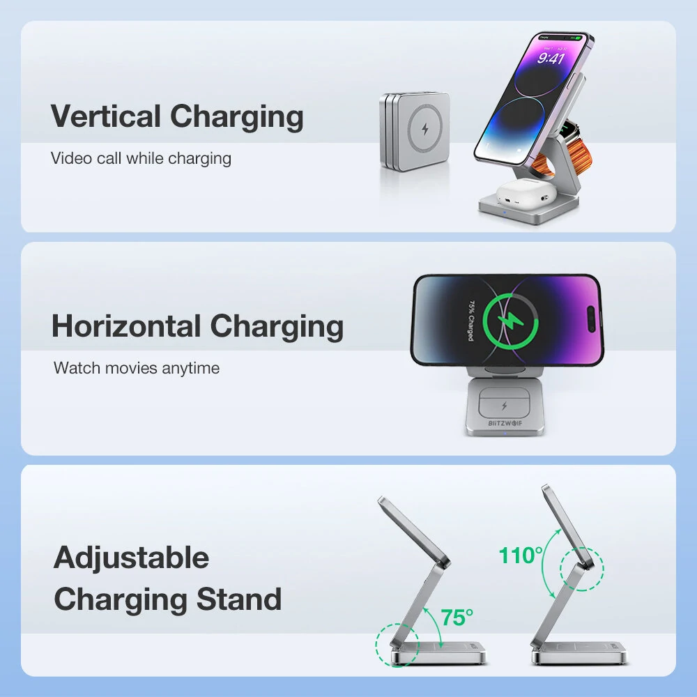 BlitzWolf BW-iw30 3-in-1 Foldable Magnetic 15W Wireless Charger Fast Charging Station for iPhone 15 14 13 12 Pro/Max/Plus for Apple Watch 9/8/7/6/5/4/3/2/SE/Ultra 2 for AirPods 3/2/Pro — view 6