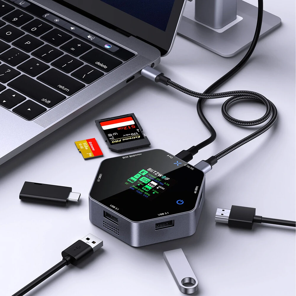 BlitzWolf BW-TH16 8 in 1 USB Hub LCD Smart Display Type-c Docking Station with USB3.1 Type-C 3.1 HD 4K@60Hz SD/TF Card Slots 100W PD Power Delivery — BlitzWolf
