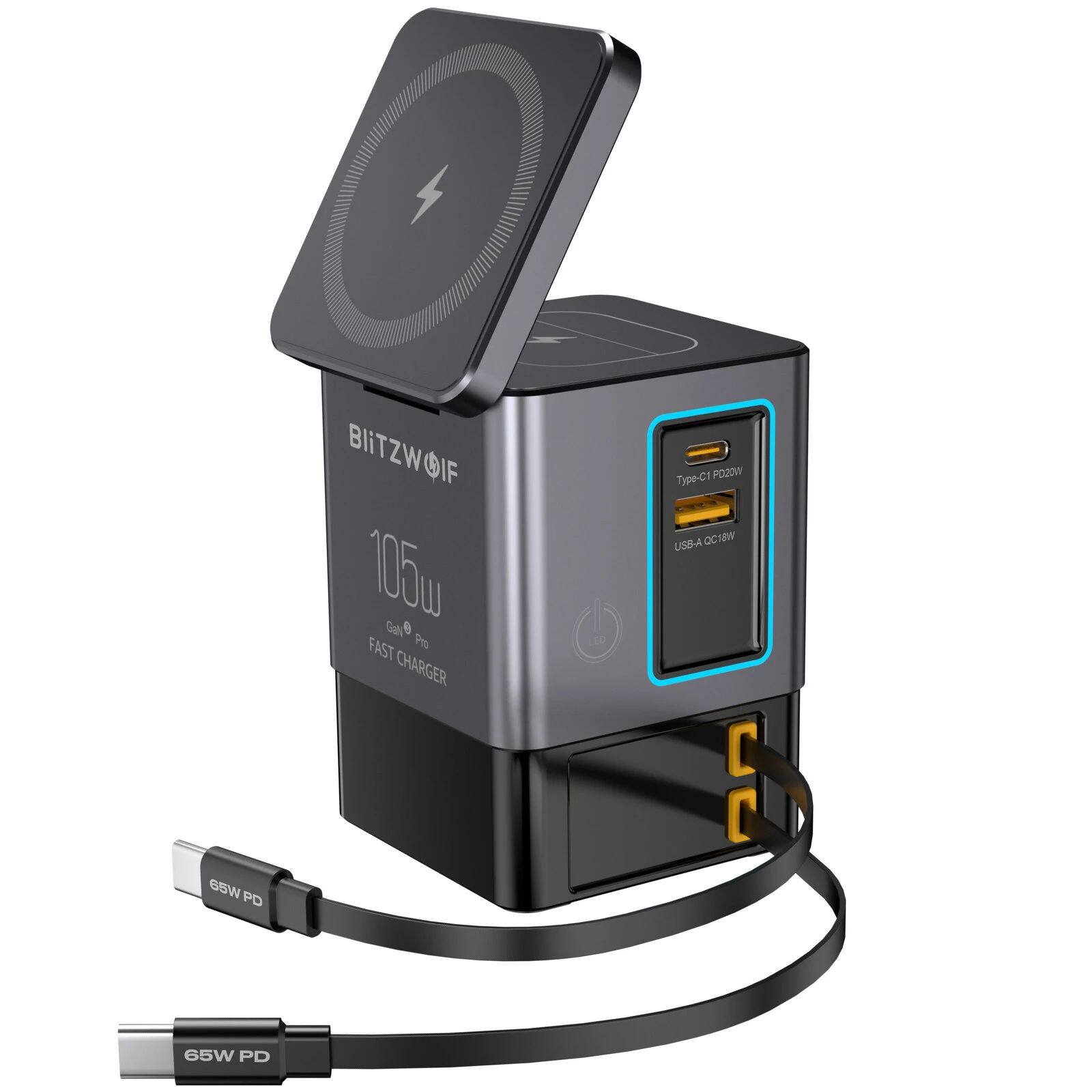 Blitzwolf i116 Max 105W 6-in-1 Power Combo Desktop Charger Station with Built-in Dual Telescopic Type-C Cable + USB-A+USB-C + 2-in-1 Wireless Charger for Smart Phones for iPhone 16 16 Pro 15 14 13 Pro Max for Huawei Pura X for Xiaomi 15pro for Airpods for — Blitzwolf