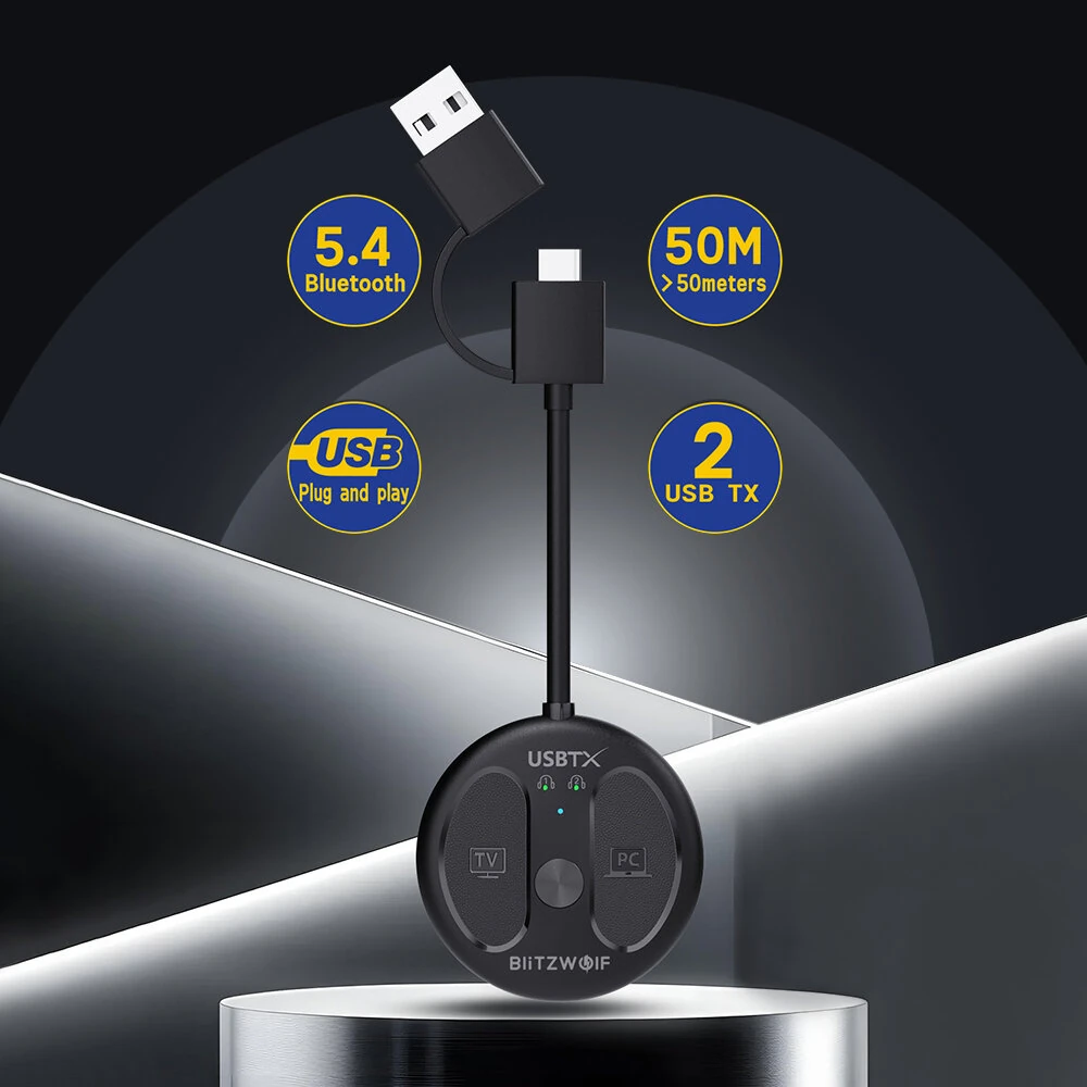 BlitzWolf® BW-LE524 USB Audio Transmitter Adapter bluetooth V5.4 Adapter 50m Range Dual Connection Low Latency Mini Portable Type-C USB Transmitter Adapter for TV PC — view 4