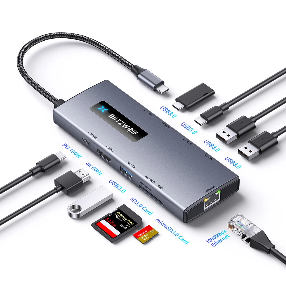 BlitzWolf® BW-NEW TH8 10-in-1 Type-C HUB with Type-C PD 100W   Power Delivery USB3.0 Type-C 3.0 4K@60HZ 3.0 SD & TF Card Slot RJ45 1000Mbps — BlitzWolf