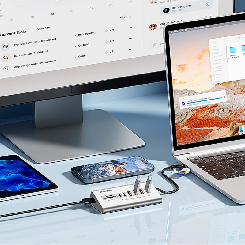 Blueendless HU806 8-in-1 USB-A Type-C Docking Station with 10Gbps USB-A 3.2*4 / USB-C 3.2*2 / SD/TF3.0 Multi-ports Aluminum Alloy Hubs Adapter Free Driver for Laptop Tablet Phone with Power Supply Port — view 3