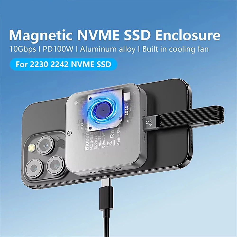 Blueendless Magnetic M.2 2230 2242 NVMe SSD Enclosure with Cooling Fan 100W PD Charging Type-C NVMe PCIE SSD Case — view 4