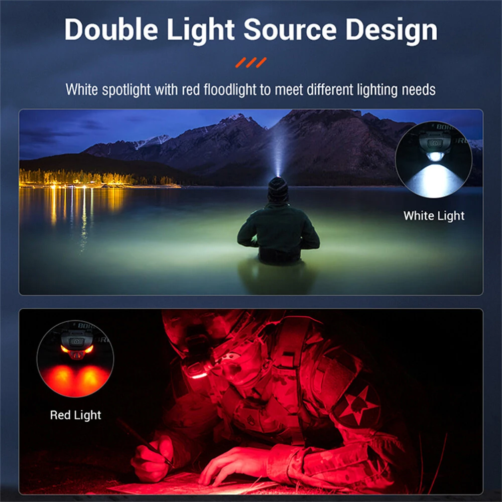 BORUiT White Red Light LED Headlamp Use AAA Battery 4 Modes Super Bright Head Lamp Waterproof Head Torch — view 6