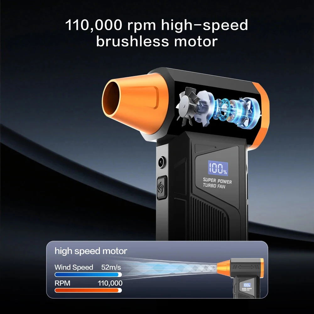 Brushless Cordless 110,000RPM Turbo Fan Air Blower 120W Max 8000mAh 6-8.4V LED Light Digital Display Portable Car Cleaning Outdoor BBQ Use Multi-Nozzle — view 3
