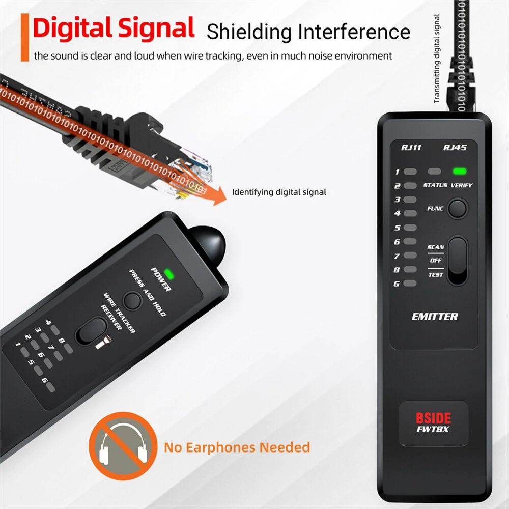 BSIDE FWT8X Network Cable Tracker Detecteur RJ11/45 Lan Ethernet Phone Wire Tester Finder Telecom Tool electrified Work 60V — view 7