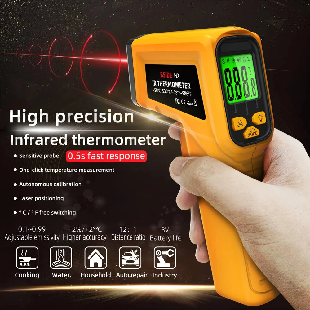 BSIDE H2 Infrared Laser Thermometer -50℃ to 530℃ High Precision Non-Contact 12:1 Ratio Adjustable Emissivity LCD Backlit Display — view 3