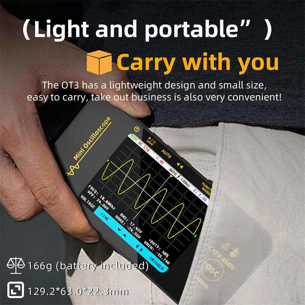 BSIDE Mini OT3 Oscilloscope 3.2" TFT Color Screen 10MHz Bandwidth Real-Time Sampling 48MSa/s Portable Handheld Oscilloscope with Probe — view 8