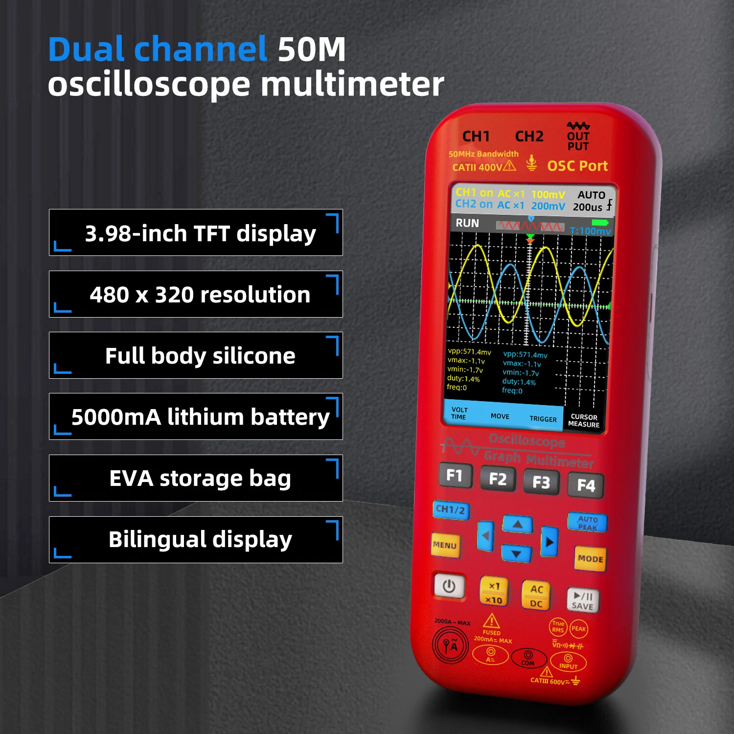 BSIDE O9 2*50MHZ Dual Channel 3in1 Oscilloscope Multimeter Signal Source 3.98inch TFT Display Oscope Meter Handheld Oscilloscope 250MSa/s Sampling Rate with Waveform Save and View Function — view 4