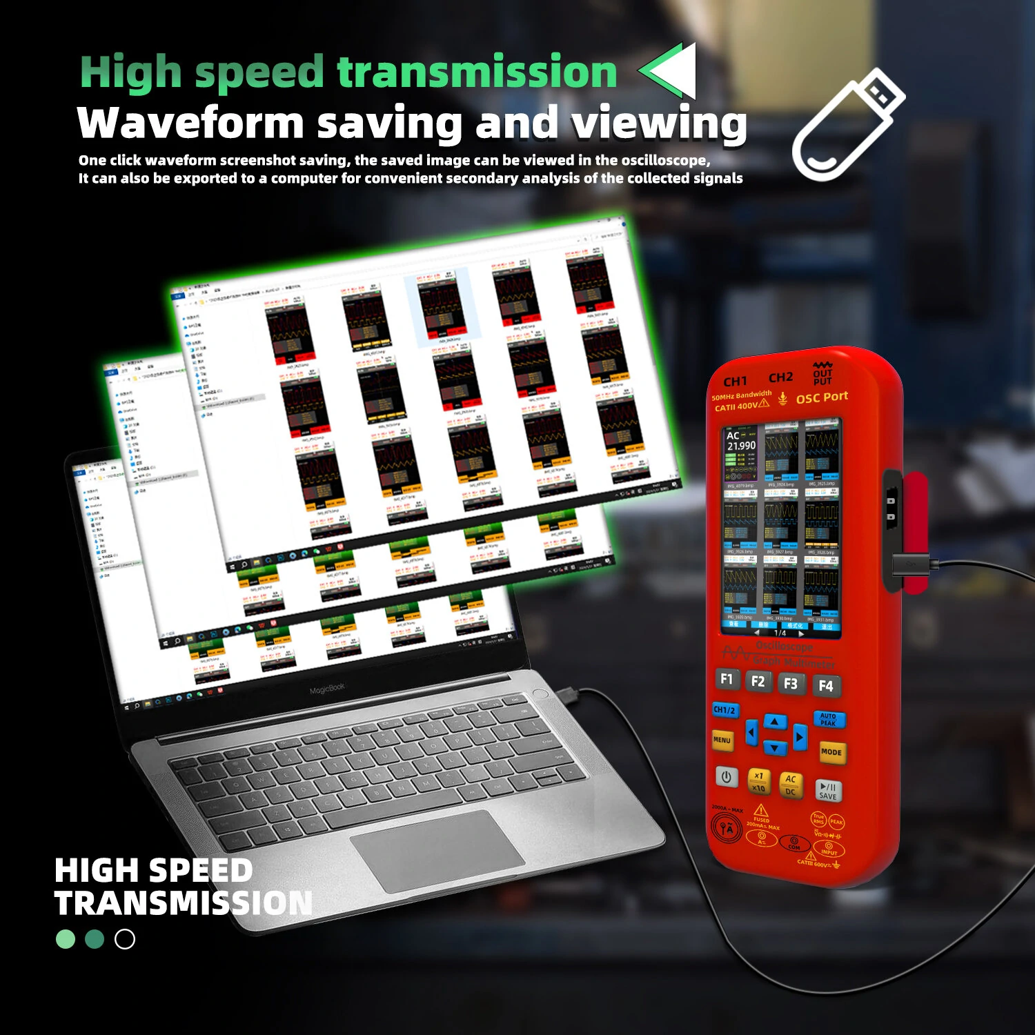 BSIDE O9 2*50MHZ Dual Channel 3in1 Oscilloscope Multimeter Signal Source 3.98inch TFT Display Oscope Meter Handheld Oscilloscope 250MSa/s Sampling Rate with Waveform Save and View Function — view 9