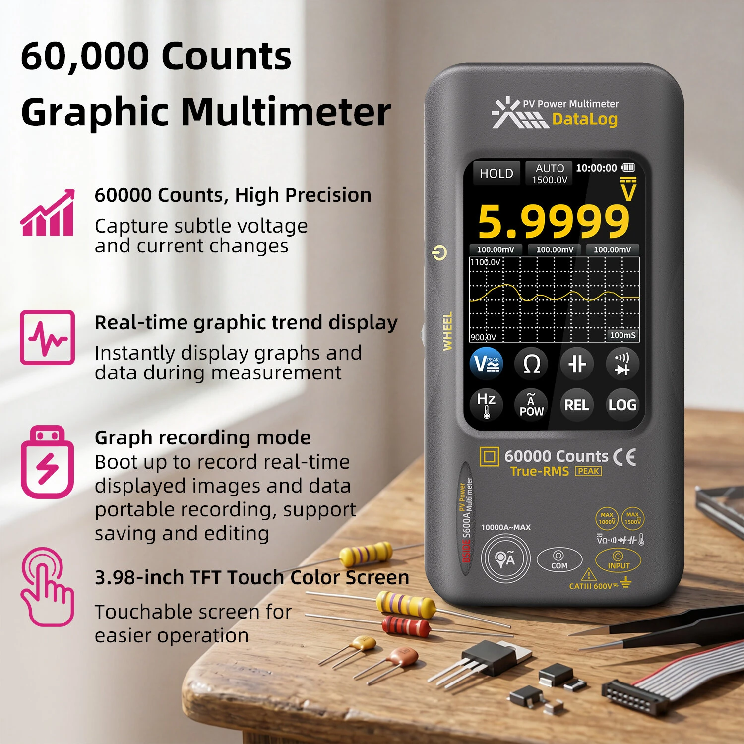 BSIDE S600A Graphic Multimeter 3.98TFT Touch Screen  60000 Counts Data Logger True-RMS Graphic Tester Photovoltaic Multimeter — view 2