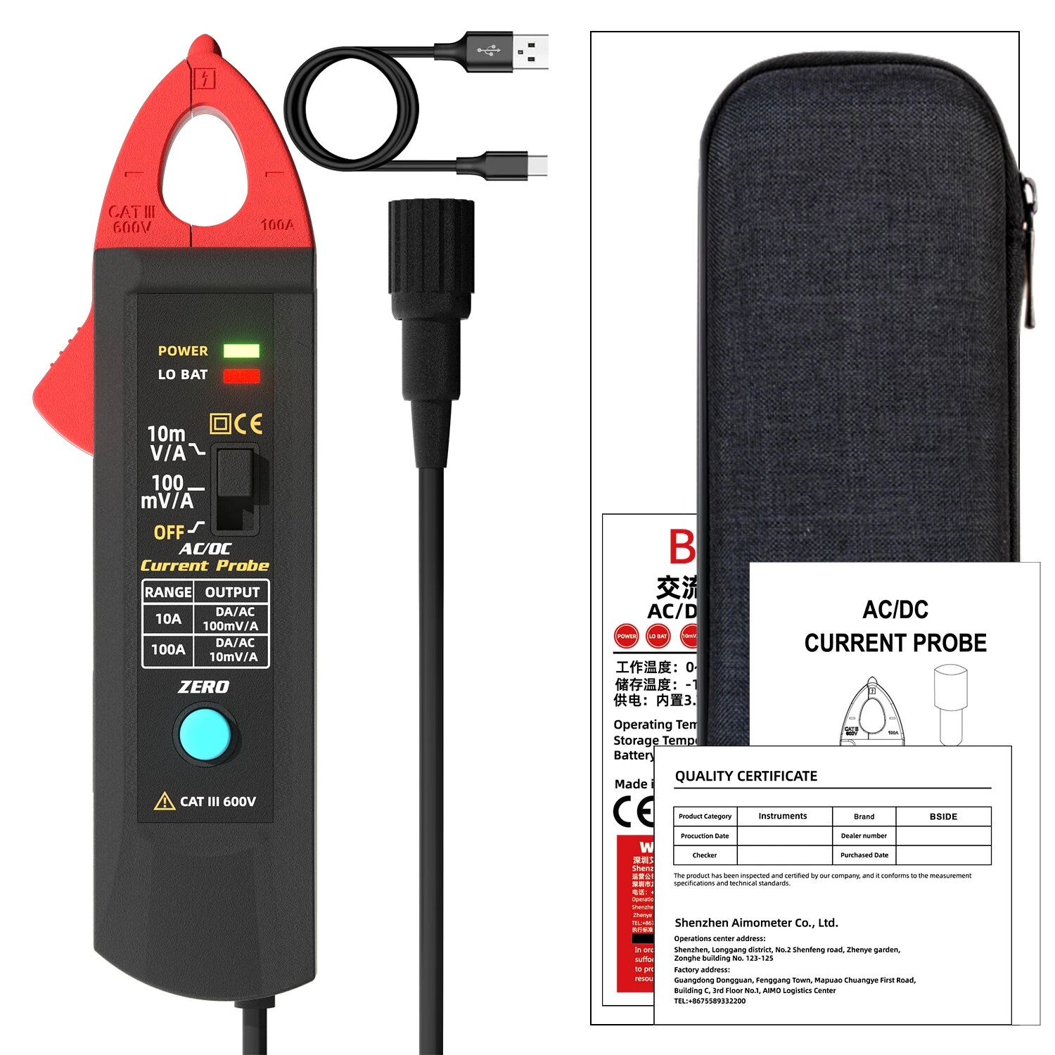 BSIDE UP1 AC/DC Current Probe, 10A/100A Clamp 100mV/A 10mV/A Output BNC Interface 12.7mm Jaw non-contact checks USB Type-C Rechargeable Oscilloscope