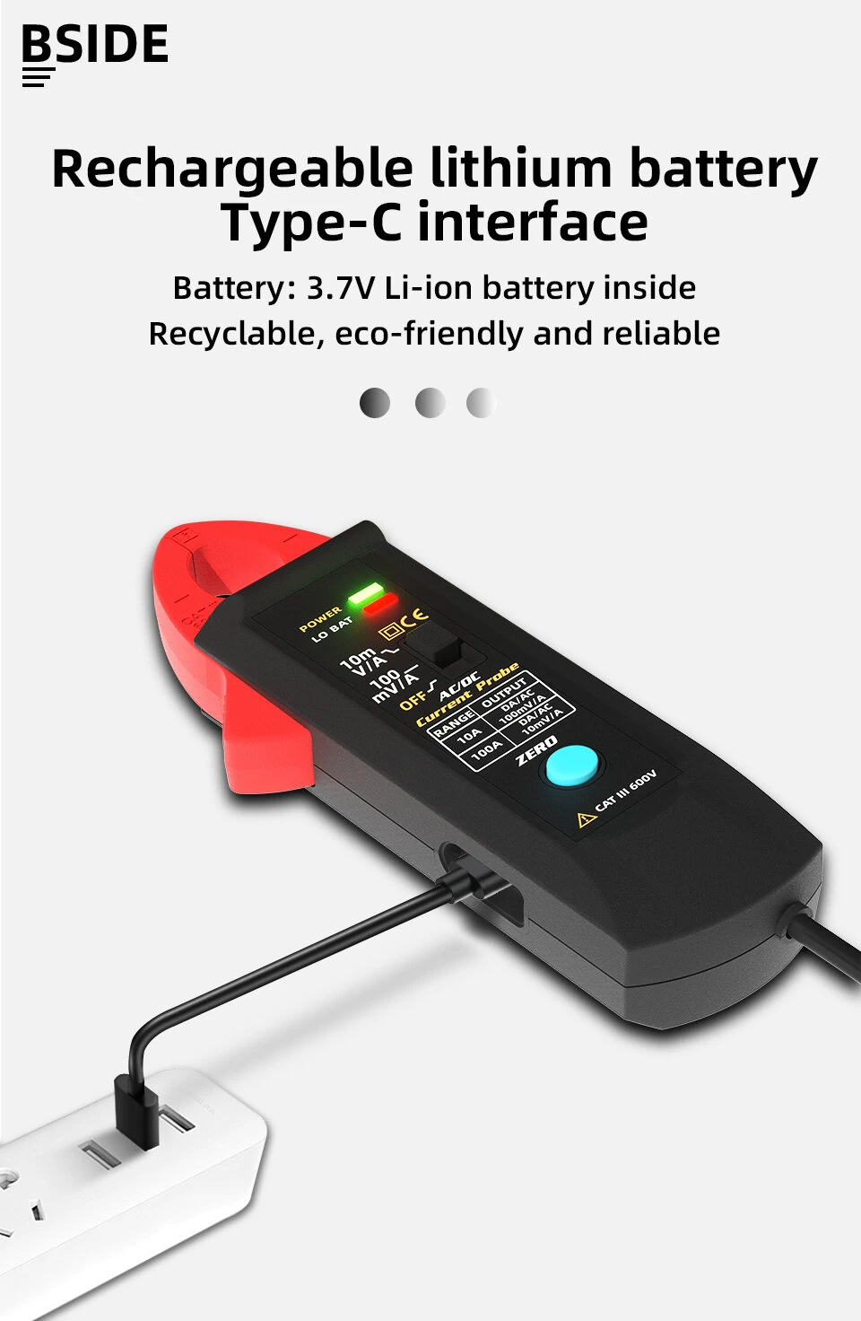 BSIDE UP1 AC/DC Current Probe, 10A/100A Clamp 100mV/A 10mV/A Output BNC Interface 12.7mm Jaw non-contact checks USB Type-C Rechargeable Oscilloscope — view 6