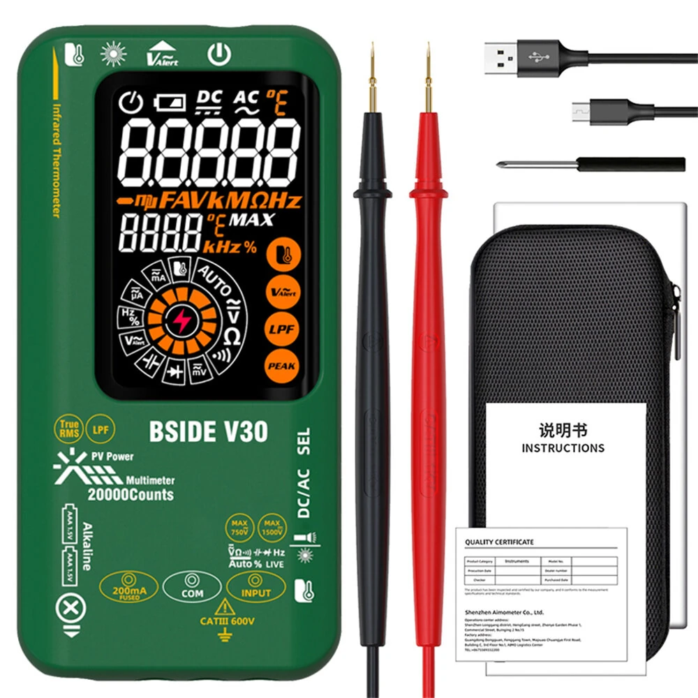 BSIDE V30 Digital Multimeter Infrared Thermometer Measures AC/DC Voltage Current Resistance Capacitance Frequency Dual Power Options Flashlight V~Alert 4:1 Object Distance Ratio — view 2