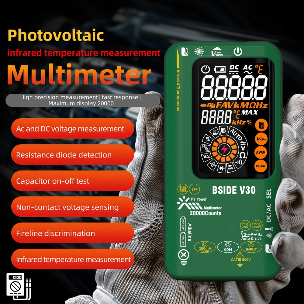 BSIDE V30 Digital Multimeter Infrared Thermometer Measures AC/DC Voltage Current Resistance Capacitance Frequency Dual Power Options Flashlight V~Alert 4:1 Object Distance Ratio — view 3