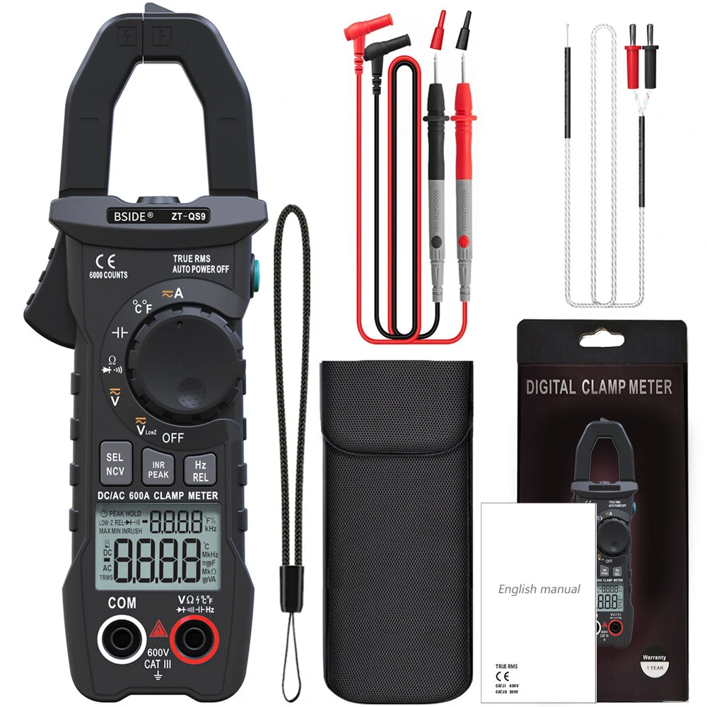 BSIDE ZT-QS9 Digital Clamp Meter 600A Current True RMS Smart Plier ammeter Auto Rang 6000 Multimeter DC AC Voltage Hz Ohm NCV Tester