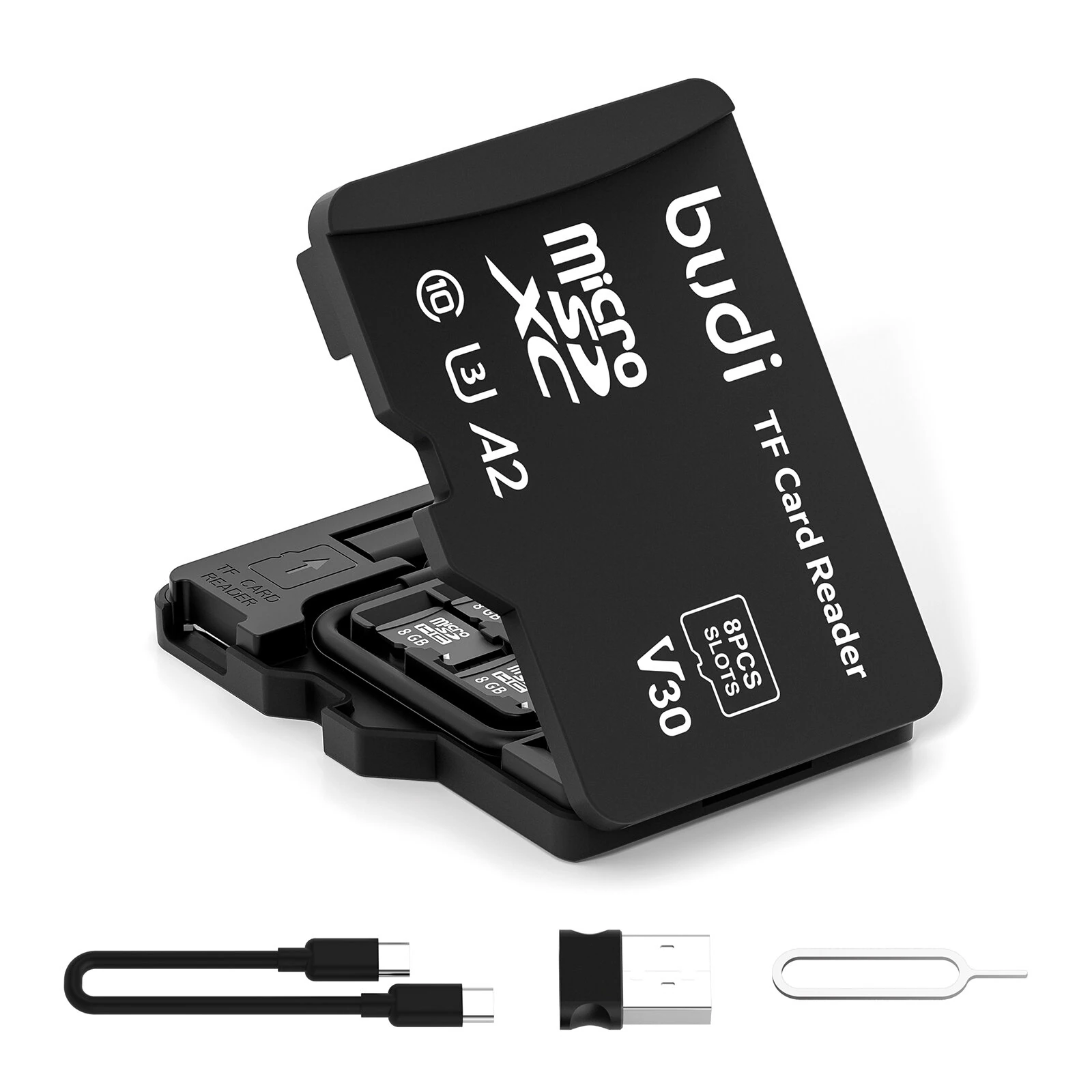 Budi CP580 TF Card Reader with TF Card Appearance Design 8 TF Cards Stroage Slots Support 480Mbps High Transmission Speed Memory Card Reader Case — view 8
