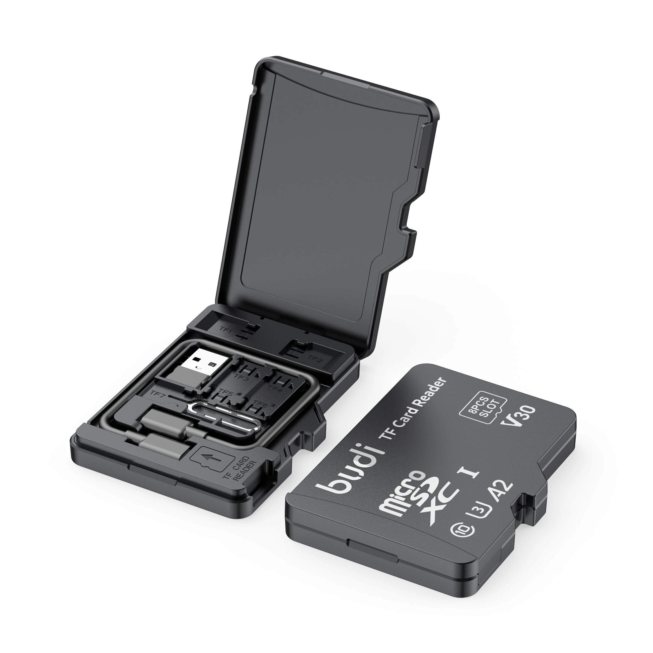 Budi CP580 TF Card Reader with TF Card Appearance Design 8 TF Cards Stroage Slots Support 480Mbps High Transmission Speed Memory Card Reader Case — view 9