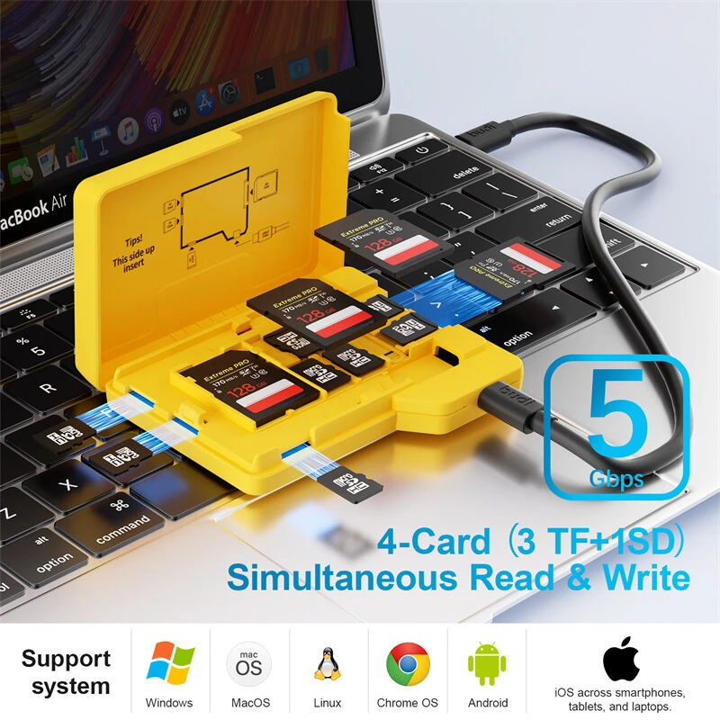 Budi CP585Y Folder Style Reader 4 Card Simultaneous Reading 4 SD+11 TF Cards Storage USB3.0 Type-C 5Gbps High Speed Data Transfer Portable Card Reader — view 7