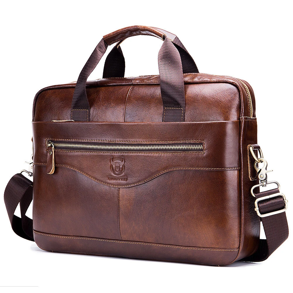 BULLCAPTAIN 14 inch Laptop Men's Genuine Leather Briefcase Office Business Large Capacity Handbag with Strap — image 1