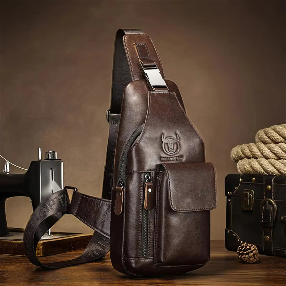 BULLCAPTAIN 8-inch Genuine Leather Chest Bag Retro Large Capacity Mens Crossbody Bag Fashion Shoulder Bag