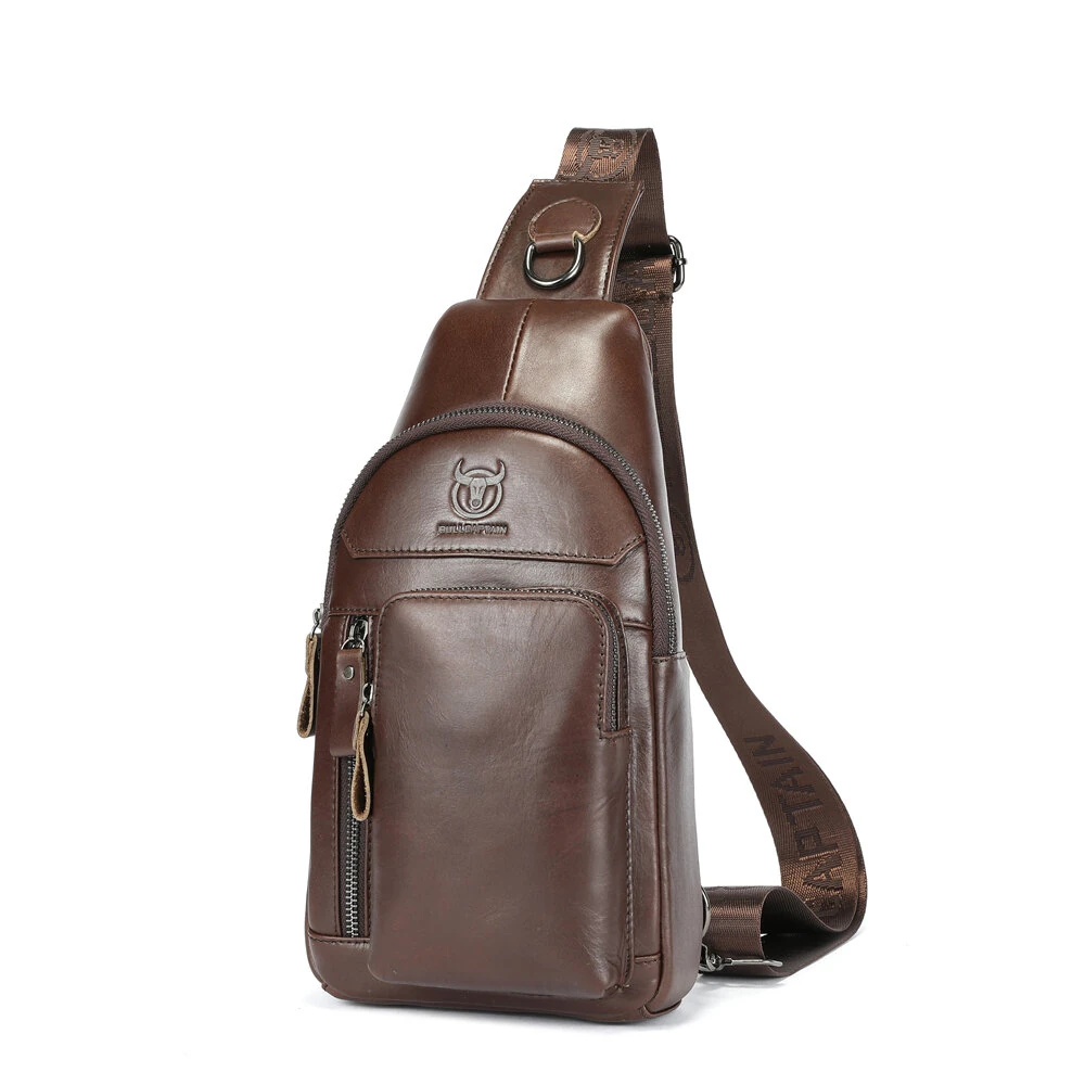 BULLCAPTAIN 8-Inch Men's Chest Bag Top-grain Cowhide Leather Vintage Multi-Pocket Shoulder Messenger Bag for Outdoor Daily Travel