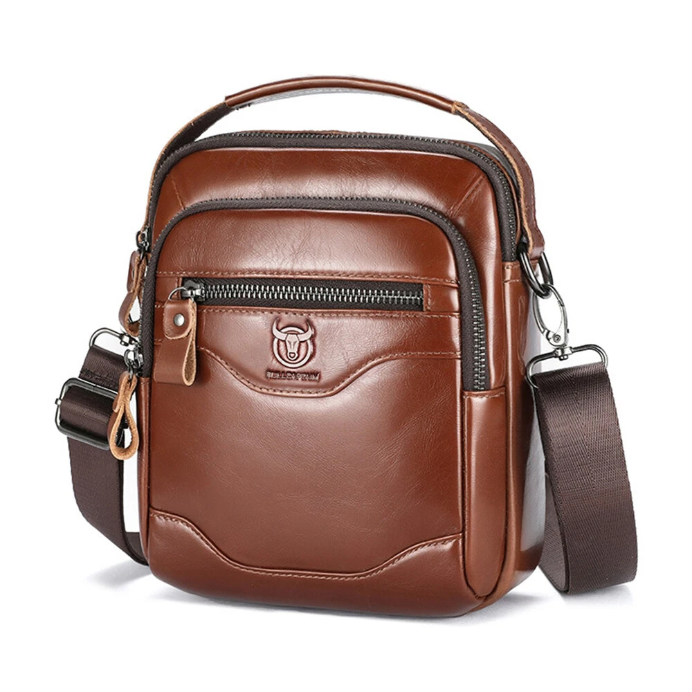 BULLCAPTAIN 8inch Cowhide Leather Men's Shoulder Bag Retro Fashion Cross Body Bag with Hand Band Multiple Zipper Pocket Capacity Business Casual Travel Messenger Bag